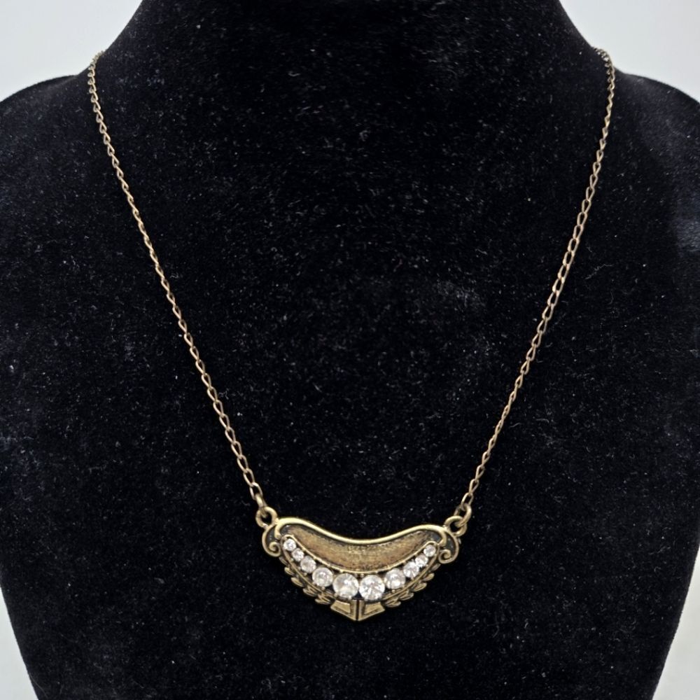 J. CREW Elegant Antique Gold Tone Petite Statement Necklace Rhinestone Accents